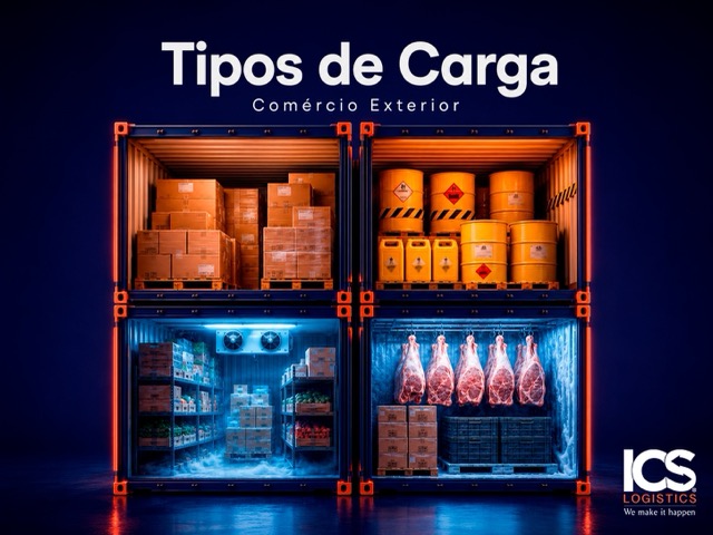 Diferentes tipos de carga no comércio exterior em um pátio portuário