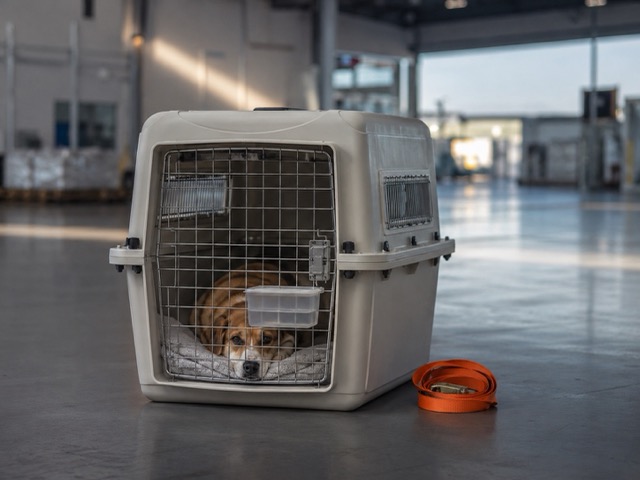Cão dentro de um kennel rígido padrão IATA no piso de um galpão logístico