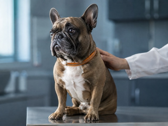 Buldogue francês, raça de focinho curto, sendo examinado por um veterinário