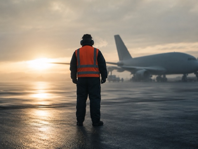 Operário de pátio observando uma aeronave de carga ao amanhecer, em clima frio